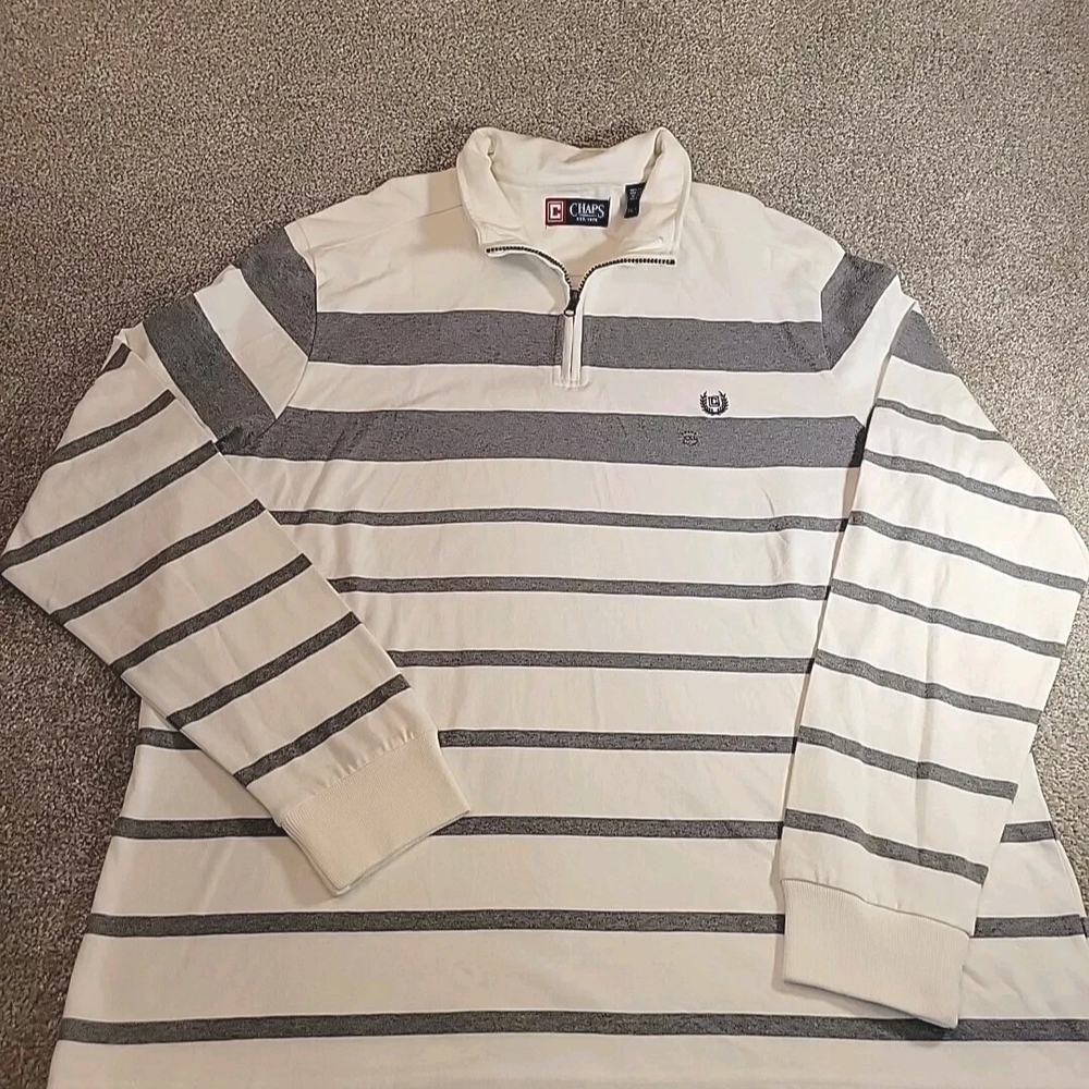 Mens Chaps 1/4 Zip 2XL Long Sleeve Shirt  Mock Neck White Gray Striped Pullover